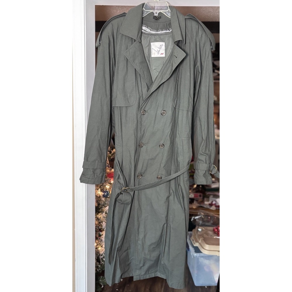 Vintage John Weitz Trench Coat 46R Olive Double Breasted Belted Liner Wool